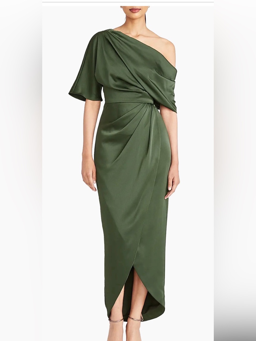 Theia One-Shoulder Olive Green Draped Midi Dress